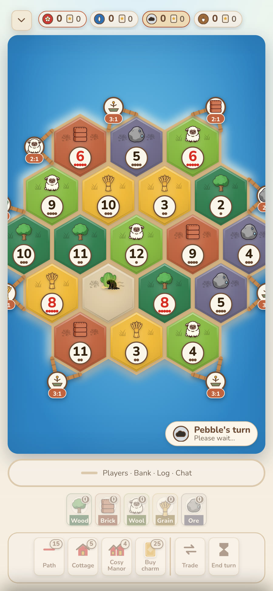 A game of Cosyhex in progress on a colourful island board