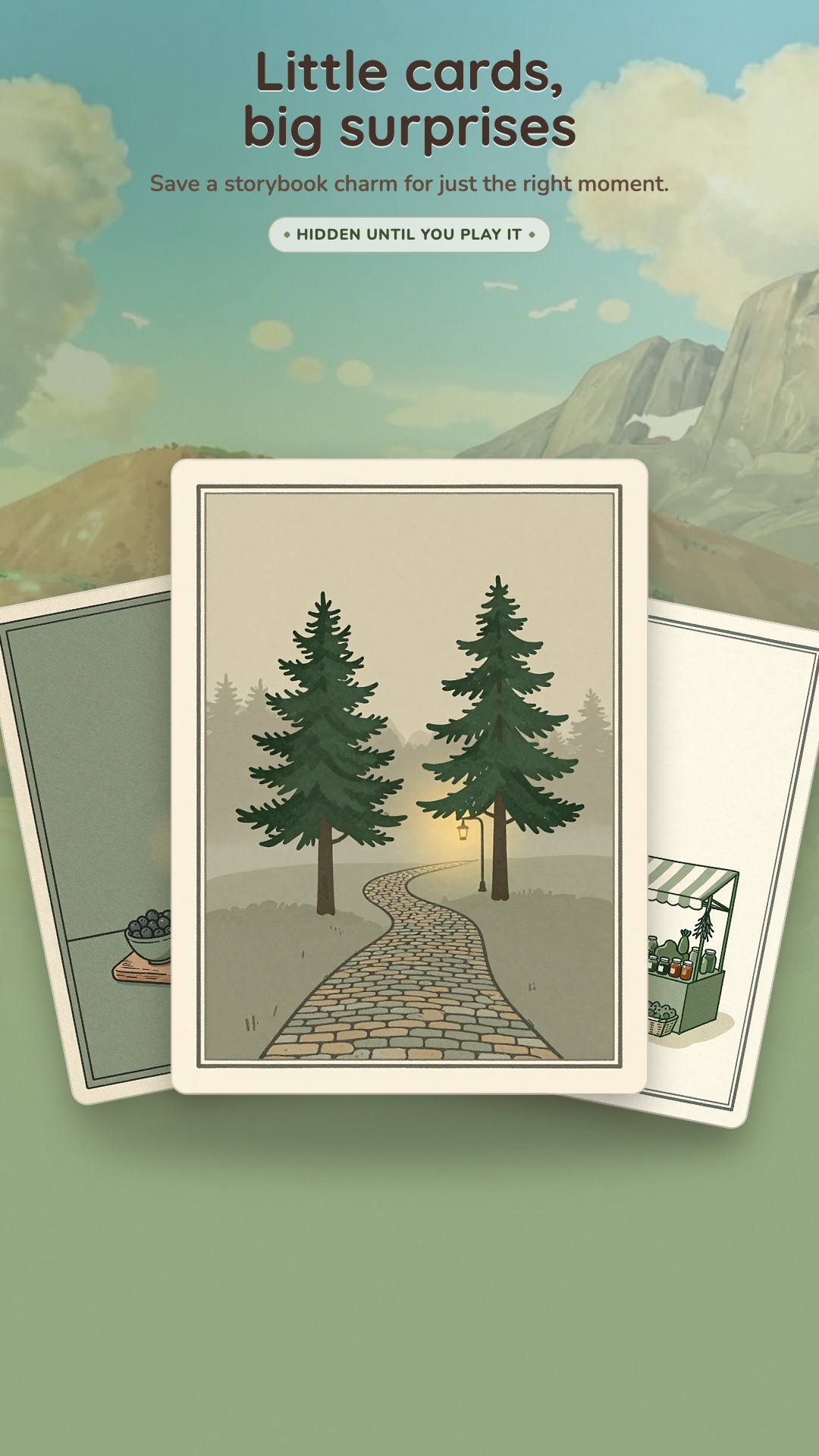 A fan of illustrated Cosyhex charm cards with a hidden card at the centre