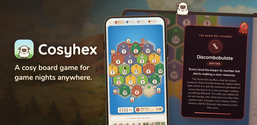 Cosyhex shown across a lively island board and the optional Doom Bot Mayhem mode