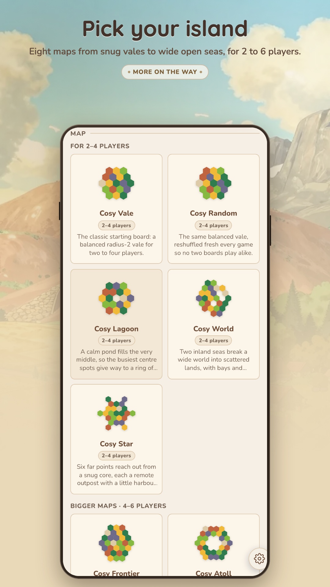 The Cosyhex map gallery showing islands for two to six players